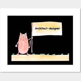 Architect-designer. Profession, work, job. Cat shows a banner with the inscription. Watercolor illustration. A gift for a professional. Posters and Art